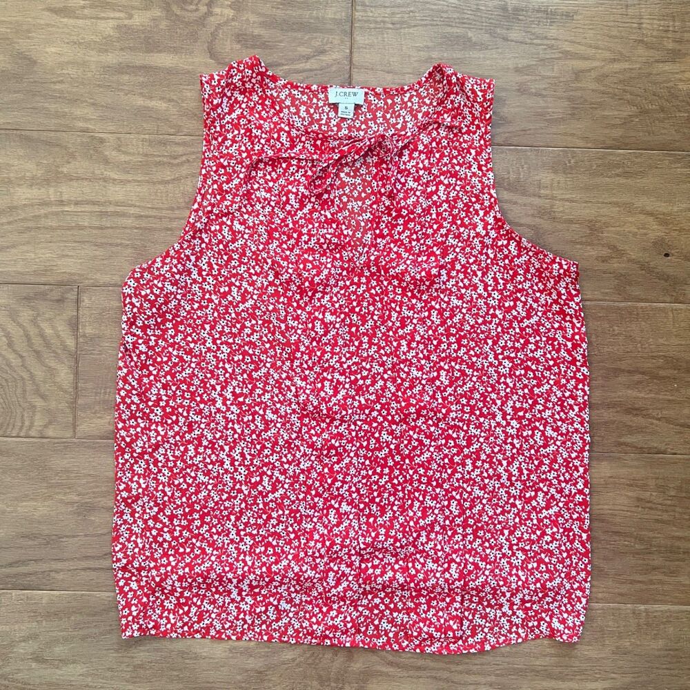 J.Crew Sleeveless Pleated Tie-Neck Top Size S Red/White Floral